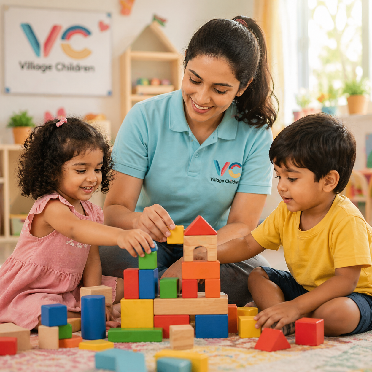 Happy children playing with colourful blocks
